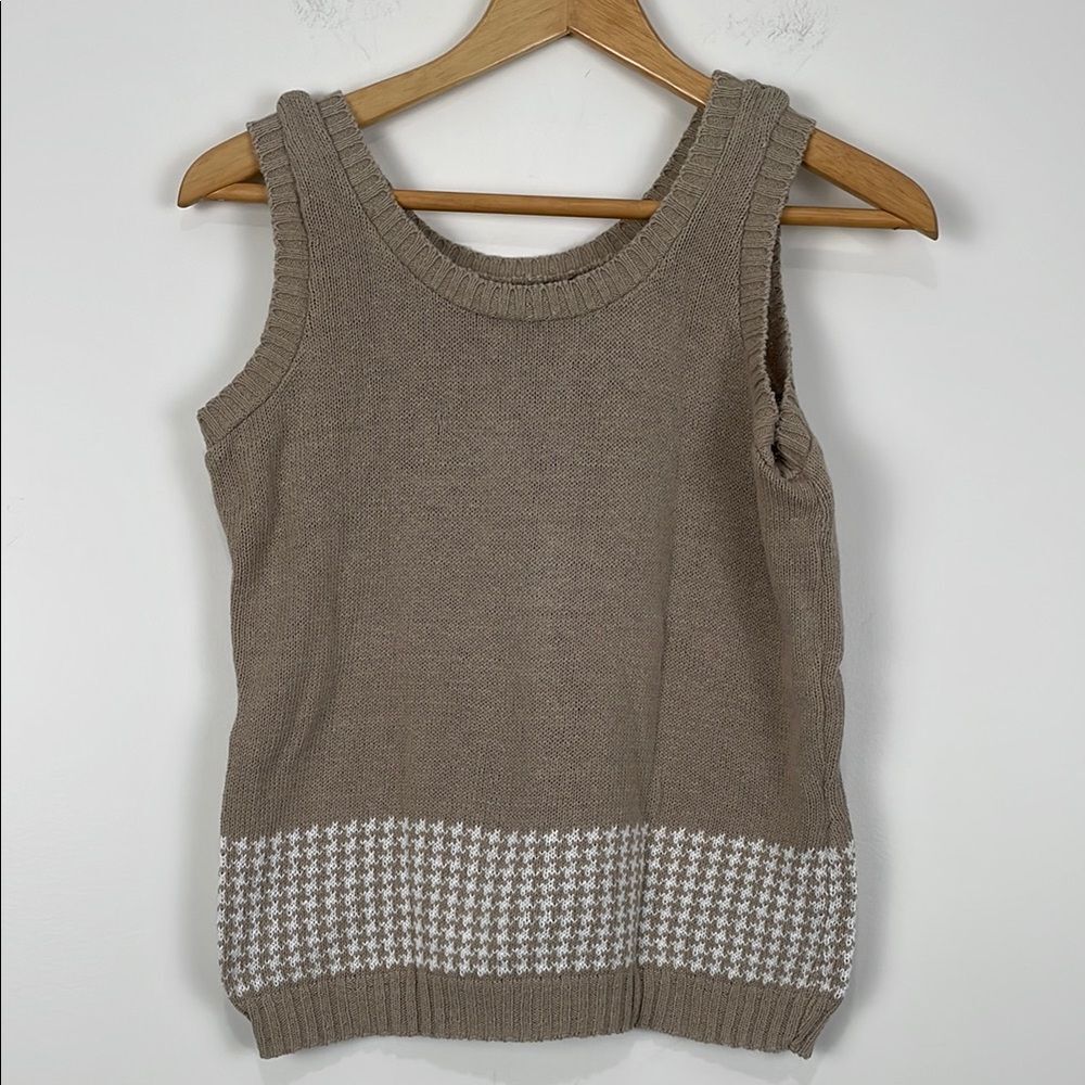 Y2K Women's Small Sleeveless Sweater Vest Tan Spunky Houndstooth Cotton 90s